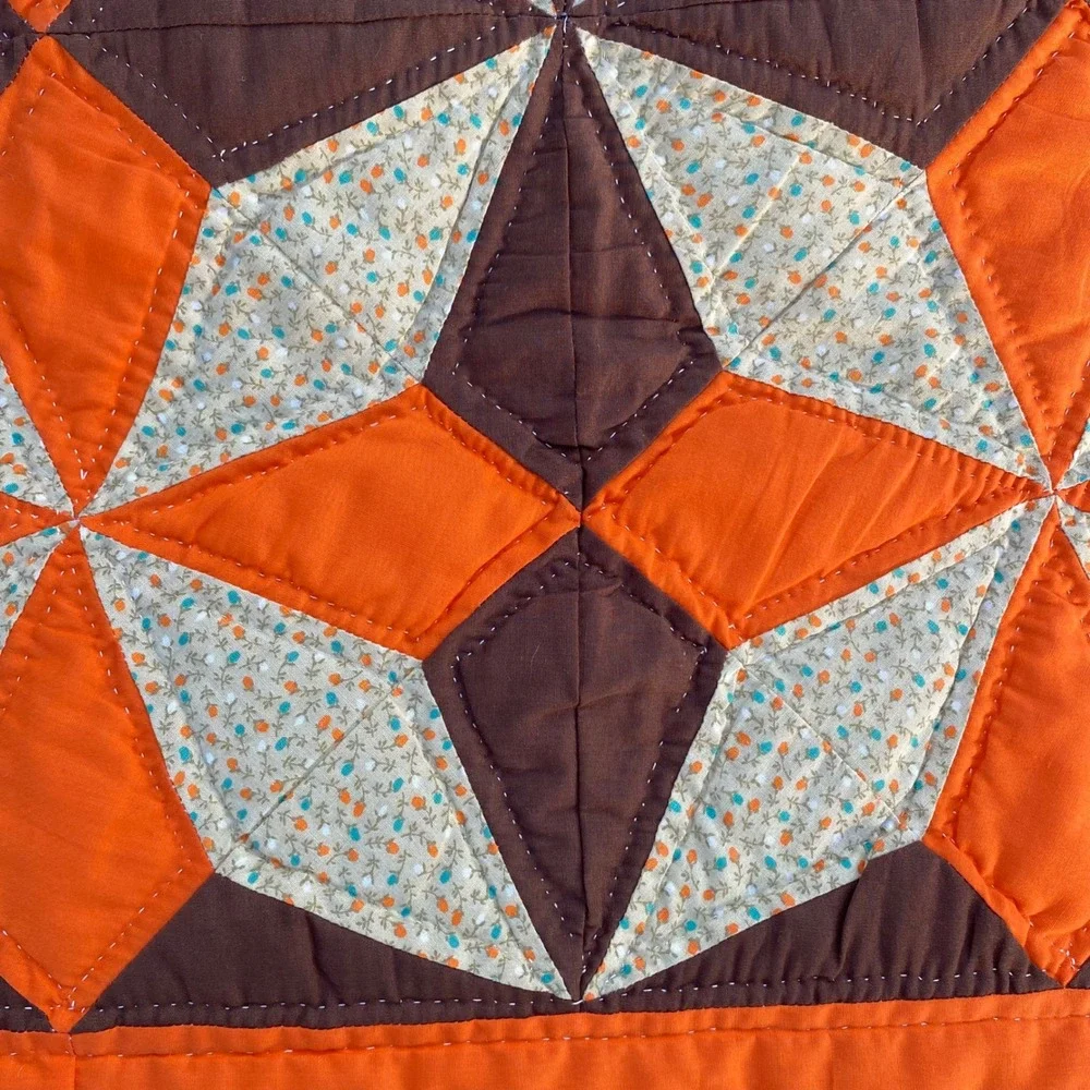 Vintage Handmade Patchwork Quilt Star‎ Geometric Orange Brown Calico 70s Retro - Picture 3 of 15